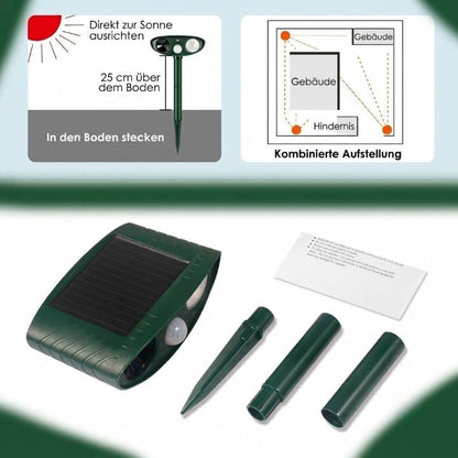 Solar-Powered Ultrasonic Animal Repeller – PIR Motion Sensor 110°, IP44, 13–40 kHz