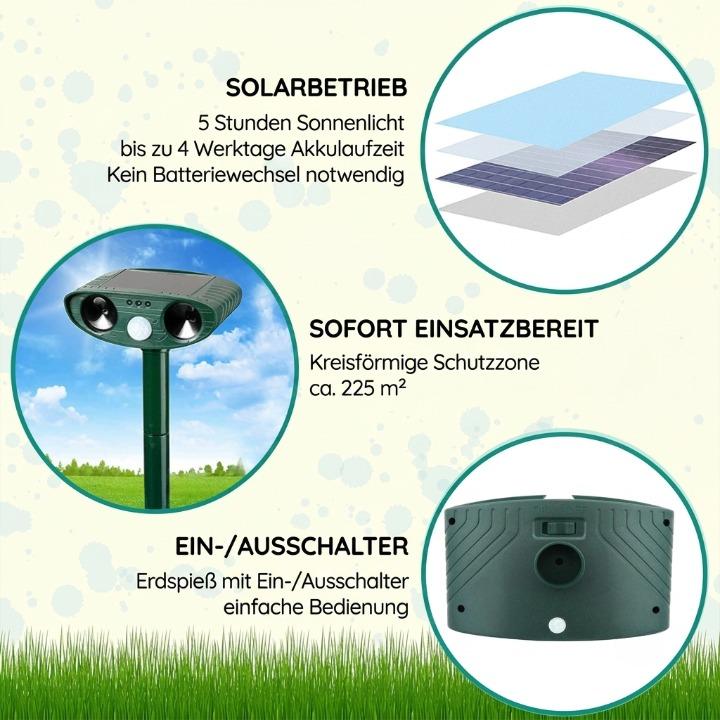 Solar-Powered Ultrasonic Animal Repeller – PIR Motion Sensor 110°, IP44, 13–40 kHz