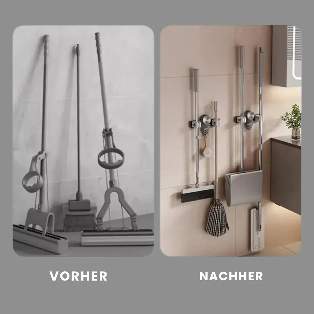 Space-saving holder for brooms and tools – Quick to install, no drilling required
